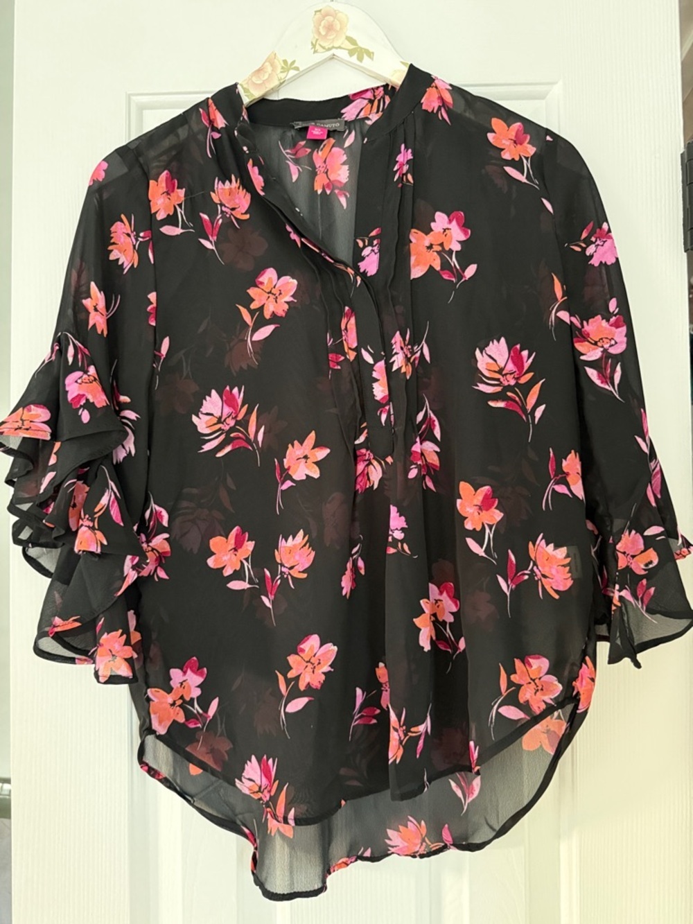 Vince Camuto Black Sheer Blouse with Pink & Coral Floral Print